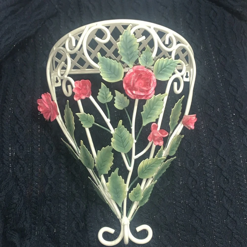 Vintage Shabby Chic Tole Ware Rose Metal Shelf Chippy Texture 13.5 x 16.5 inches